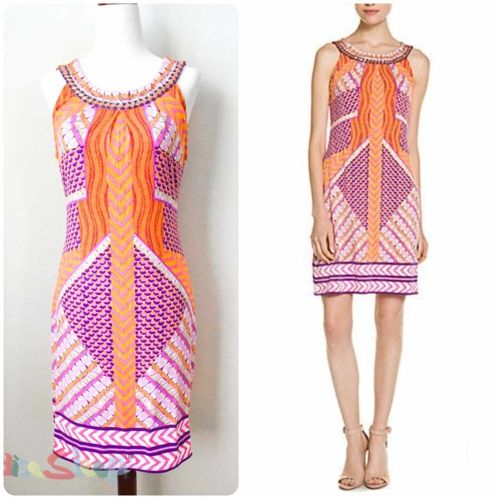 🧡 *Hale Bob* Coral/Orange/Purple Embellished Sheath Dress, size XS.